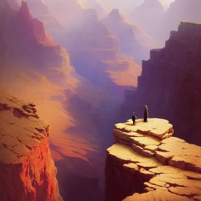 Prompt: a beautiful painting of a grand canyon by ivan aivazovsky and zdzisław beksinski and rene magritte and greg rutkowski, in style of digital art. hyper detailed, sharp focus, soft light. octane render. ray tracing. trending on artstation