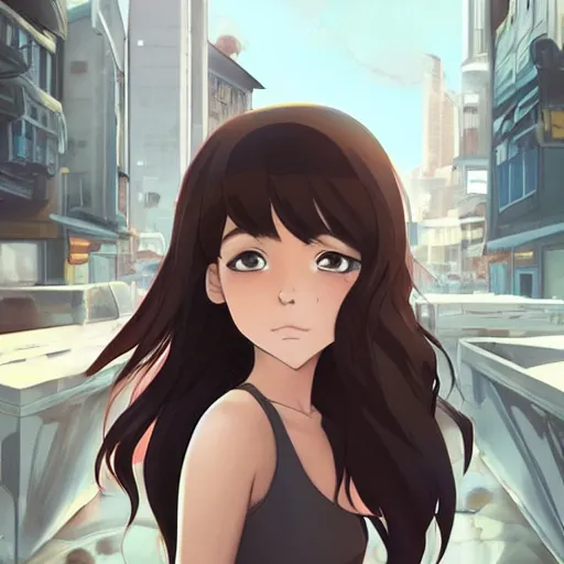 Image similar to a beautiful woman with a hime haircut, dark brown hair and tan skin, dark brown eyes, city landscape, 4k, anime key visual, lois van baarle, ilya kuvshinov, rossdraws, artstation