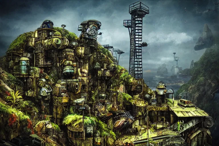 Prompt: sci - fi favela sculpture, wartime jungle environment, industrial factory, cliffs, sunny, milky way, award winning art, epic dreamlike fantasy landscape, ultra realistic,