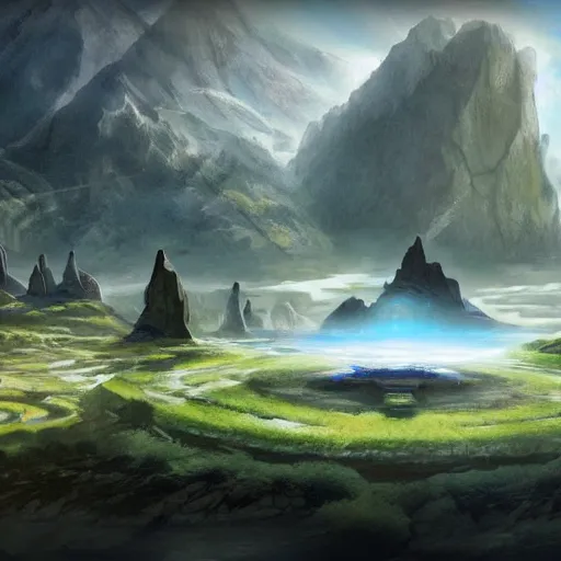 Image similar to a beautiful landscape on a ring world :: Halo game concept art