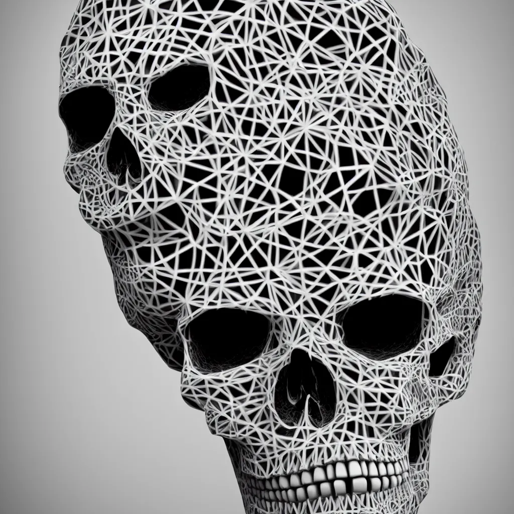 Image similar to black and white light 3D geometry, skull, matte bright highly detailed, poetic, 3D render, digital art, octane render, 8K artistic photography, photo-realistic, by Dora Maar