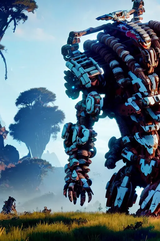 Image similar to a cinematic still from horizon zero dawn, full body mech, octane render, nvidia raytracing demo, masterpiece, aged armor plating, decipticon armor plating, aggressive head, endoekeleton exposure