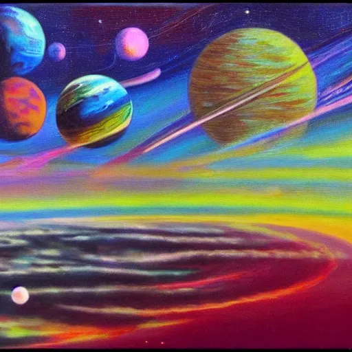 Prompt: alan watts on lsd, oil painting, space, planets, smoke, dreamy