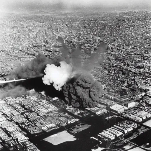 Prompt: aerial shot of atomic bomb explostion in tokyo ,kodachrome film
