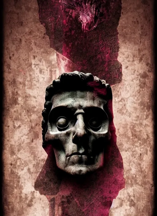 Prompt: elegant dark design poster showing a statue of julius caesar with a skull, black background with very subtle red and purple design elements, bold, powerful, nekro, vito acconci, thin straight purple lines, dark, glitch art, neo vaporwave, gritty, layout frame, square, trending on artstation