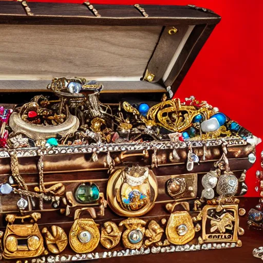 Prompt: A pirate chest filled with jewels and crystal artefacts, 4k, hdri, museum quality photo