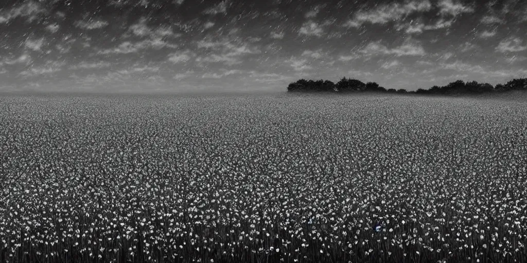 Prompt: A serene flower field at night by Kentaro Miura, highly detailed, black and white