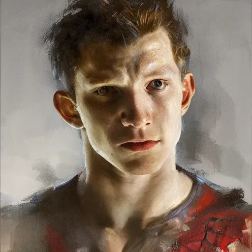 Prompt: portrait of tom holland as spiderman, by jeremy mann, anders zorn.