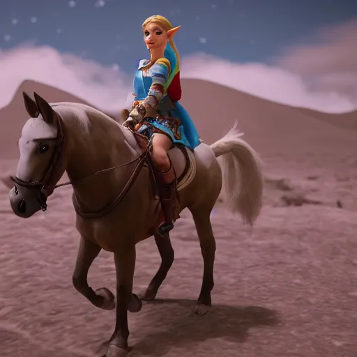 Prompt: zelda riding a horse on moon, detailed realistic face, hyper realistic, 4 k octan render, unreal 5