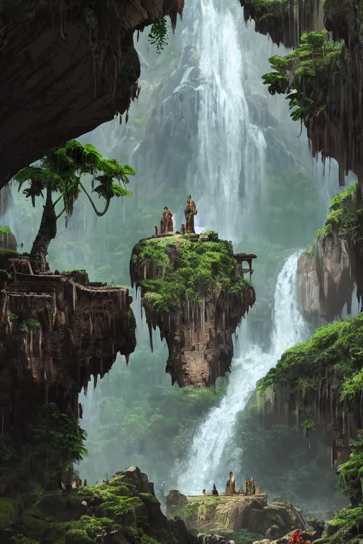 Image similar to carved into a Mountain a temple above a waterfall, arches adorned pillars, archways, gnarly trees, lush vegetation, forrest, a small stream runs beneath the waterfall, landscape, raphael lacoste, eddie mendoza, alex ross, concept art, matte painting, highly detailed, rule of thirds, dynamic lighting, cinematic, detailed, denoised, centerd