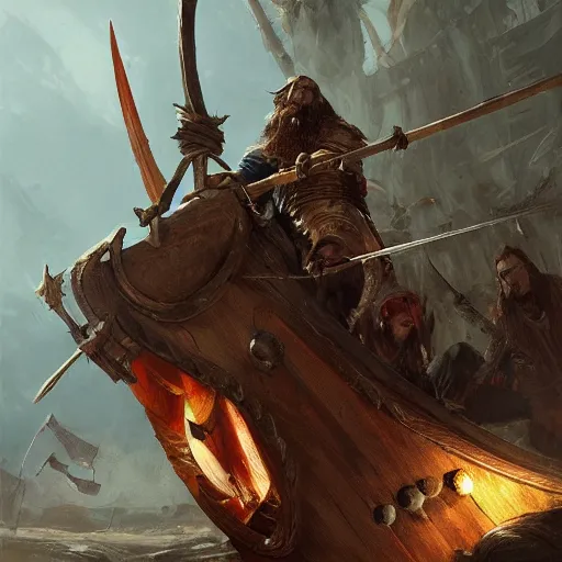 Image similar to war viking ship, viking spears and axes. bright art masterpiece artstation. 8 k, sharp high quality artwork in style of greg rutkowski, concept art by tooth wu, blizzard warcraft artwork