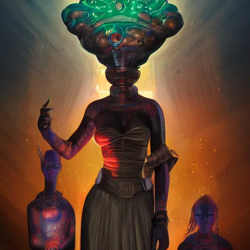 Image similar to afrofuturistic techno - mage uploading ancestral knowledge to the uni - mind interface, dark fantasy, occult, high - quality surrealist painting, artstation