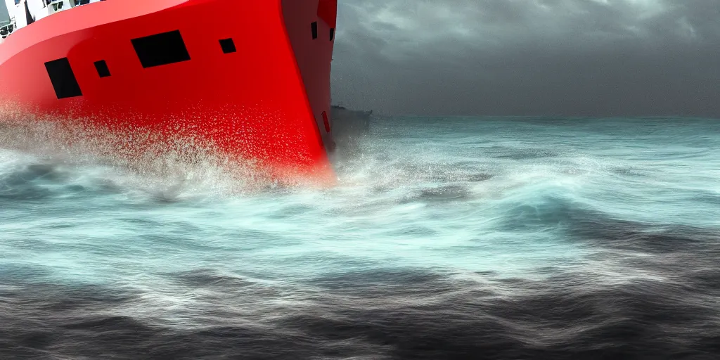 Prompt: a red ship was caught in a tsunami wave at sea ， closeup view ， front view ， 3 d render