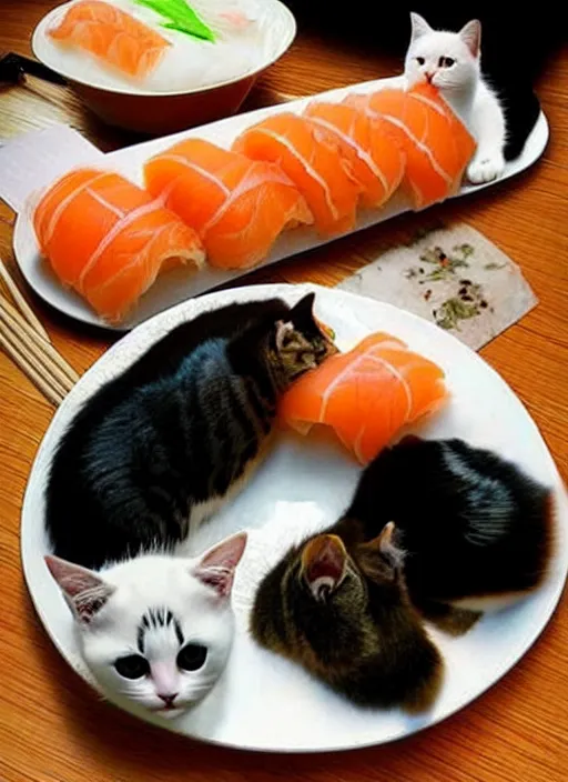 Image similar to clear photorealistic picture of adorable cats made out of sushi