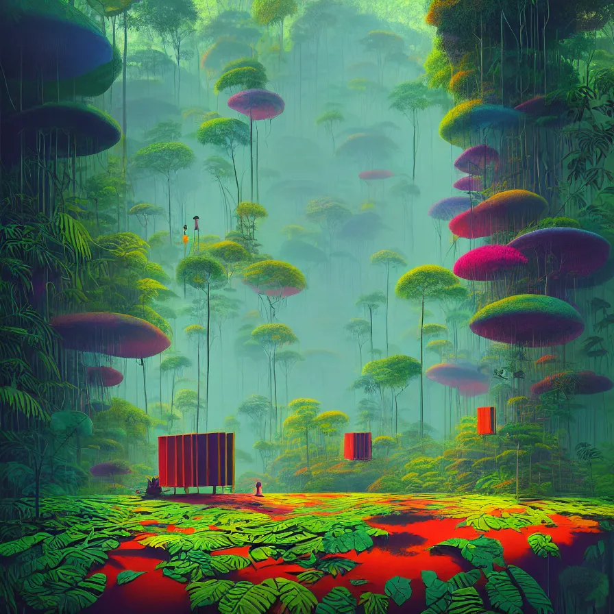 Image similar to surreal glimpse, malaysia jungle, summer morning, very coherent and colorful high contrast pastel art by gediminas pranckevicius james gilleard james gurney floralpunk screen printing woodblock, dark shadows, hard lighting, stippling dots,