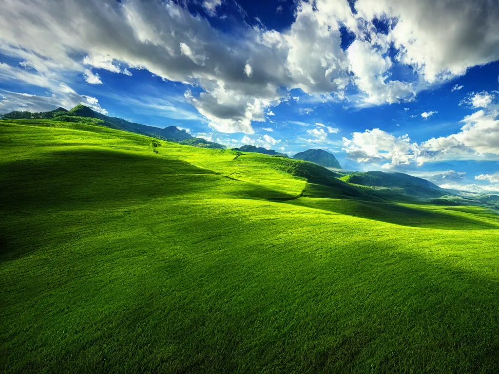 Image similar to windows bliss wallpaper, green hill, blue partly cloudy sky, 4 k, highly detailed, professional photography, by marc adamus