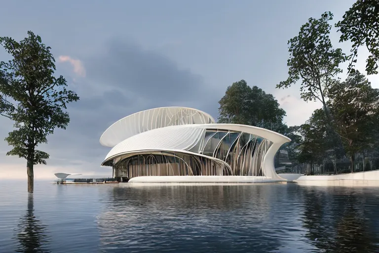 Image similar to a building formed by the intersection and fusion of many white spherical and egg - shaped spaces. on the calm lake, people's perspective modern curved architecture, future, wood, marble, metal award winning, highly detailed 4 k art, dusk, unreal engine highly rendered, global illumination, radial light, internal environment by kazuyo sejima