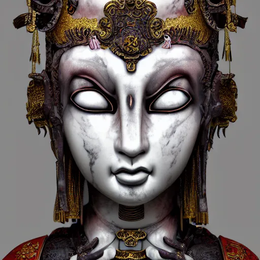 Image similar to naraka buddhist demon korean female, highly detailed, symmetrical long head, smooth marble surfaces, detailed ink illustration, raiden metal gear, cinematic smooth stone, deep aesthetic, concept art, post process, 4 k, carved marble texture and silk cloth, latex skin, highly ornate intricate details, in the style of 8 8 grzes