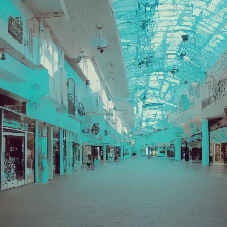 Image similar to shopping mall for dead people, film photo, soft lighting album cover, nostalgia, turquoise gradient