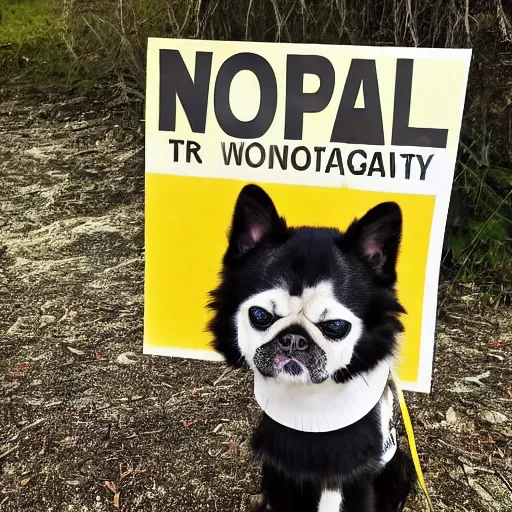 Image similar to professional photo of a dog holding a sign with a nuclear radiation warning on it skull and crossbones yellow three triangles