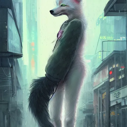 Image similar to white anthropomorphic female vulpes vulpes fulva, long snout, fluffy tail, smoking a cigarette in the rain, in crowded and wet street of a city, cyberpunk, harsh neon lights, highly detailed, digital painting, trending on artstation, concept art, sharp focus, illustration, art by artgerm and greg rutkowski and magali villeneuve