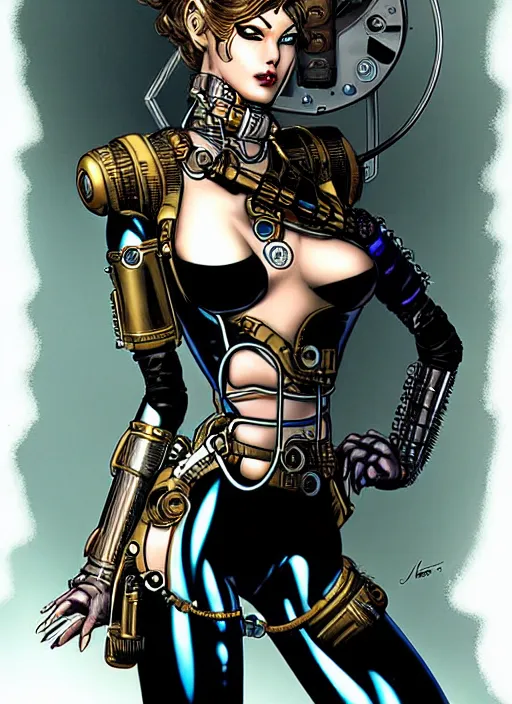 Prompt: image of beautyful female android steampunk by jim lee,