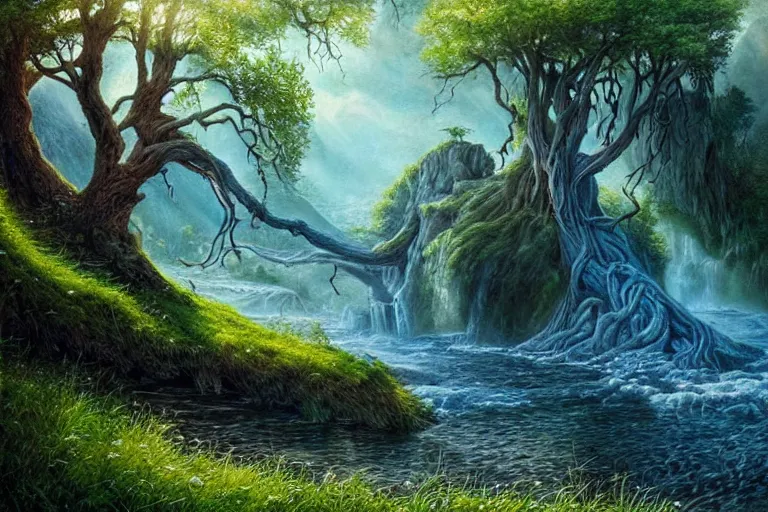 Prompt: masterpiece painting of lord of the rings tree of life on a hillside overlooking a creek, dramatic lighting, hyperrealism concept art of highly detailed by andreas franke