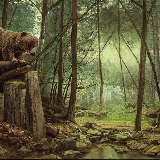 Prompt: Bear lair from the ruins of a Slavic city in a dark forest, drawn by Viktor Vasnetsov, oil painting, harsh fairy tale, soft style, hyperrealism, beautiful, high resolution, trending on artstation,