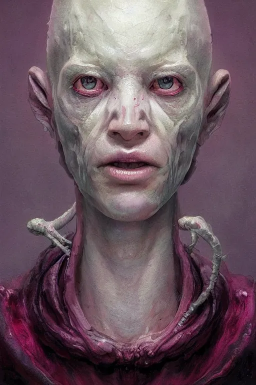 Prompt: a beautiful professional three quarter portrait face portrait of a white and sticky pink strange creature from the thing movie and alien movie, hight detailed painting by akira toriyama and dani diamond, greg rutkowski and ilya repin, peter mohrbacher, joseph christian leyendecker, nice studio lighting, smooth tiny details, soft and clear shadows, low contrast, fashion photograhy, perfect