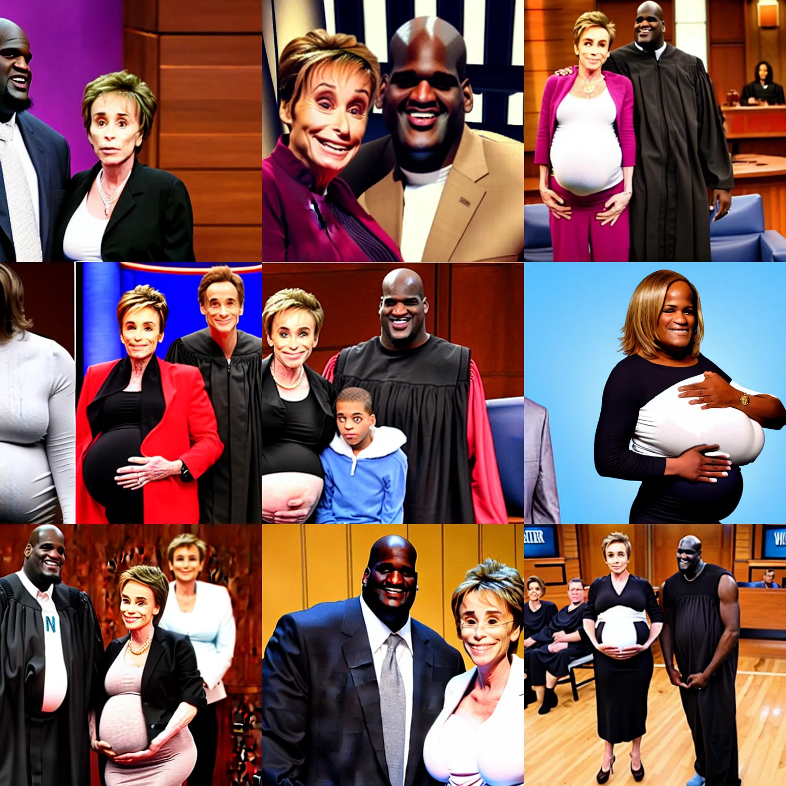 Prompt: pregnant shaquille o'neil holding his pregnant stomach, judge judy standing next to him