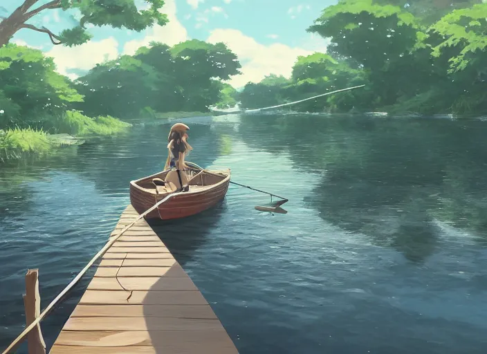 Prompt: a girl fishing on a wooden boat in a river, wide shot, peaceful and serene, incredible perspective, anime scenery by Makoto Shinkai, very detailed