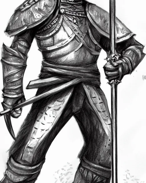 Image similar to a pencil concept art of a D&D character, holding a sword