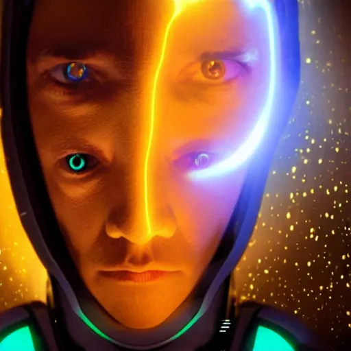 Image similar to a cyborg in Star Trek, the cyborg has psychedelic lights, futuristic, 8k, highly detailed, photorealistic