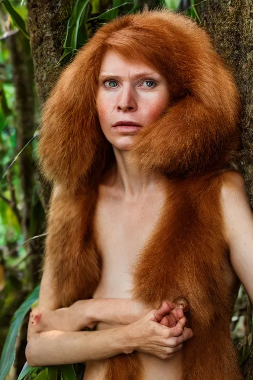 Image similar to a professional portrait photo of a neanderthal woman in the tropical jungles, ginger hair and fur, extremely high fidelity, natural lighting, national geographic magazine cover.