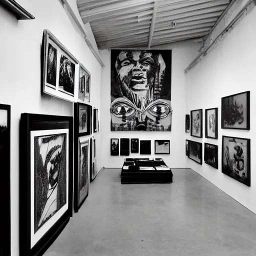 Image similar to A black and white photographie of an exhibition space with works of Sun Ra, Marcel Duchamp and tropical plants