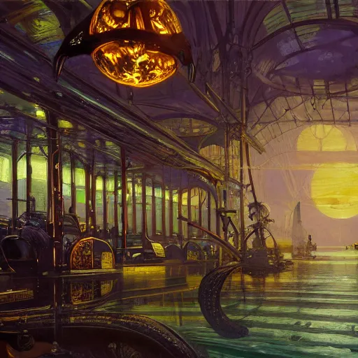 Prompt: detailed painting of syd mead artlilery scifi organic shaped shop with ornate metal work lands on a body of water, fossil ornaments, volumetric lights, purple sun, andreas achenbach