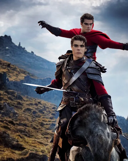 Image similar to Actor Paul Wesley As an Elf Ranger riding a giant Battle Eagle as it soars over the Mountains of Mordor,photorealistic, cinematic