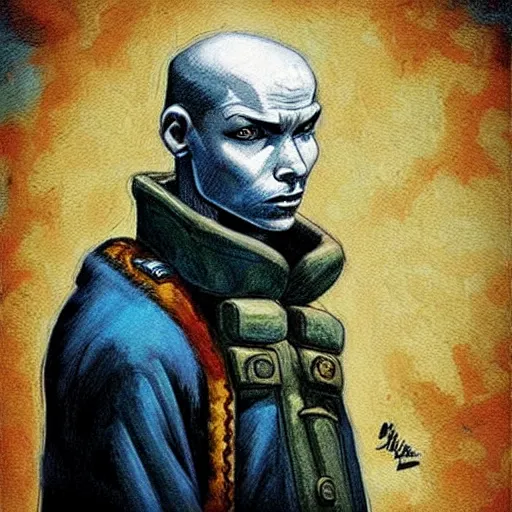 Image similar to intricate portrait, pure skin, bald, short blue hair, in the style of enki bilal!