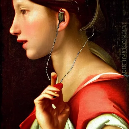 Prompt: renaissance painting of girl singin in karaoke bar, red earrings