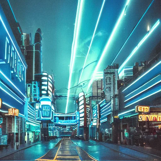 Prompt: professional 3 5 mm photograph of a futuristic city with blue neon light,