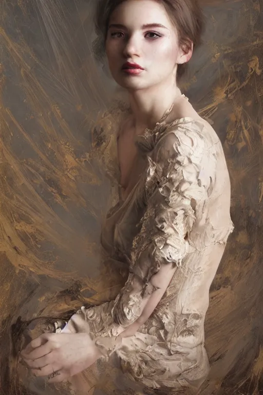 Prompt: portrait of a beautiful 20-year-old woman, in style of Valentin Serov, Dark Souls 3 themed, in style of Ruan Jia, insanely detailed and intricate, golden ratio, elegant, ornate, luxury, elite, matte painting, cinematic, cgsociety, James jean, Brian froud, ross tran, Laputa