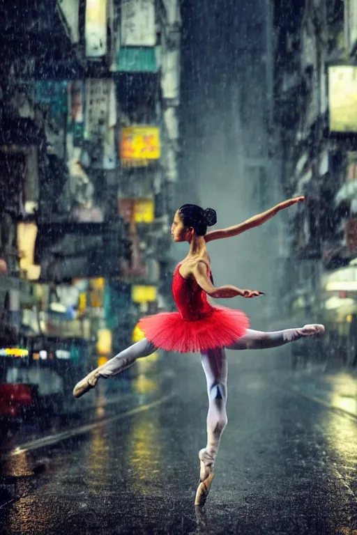 Image similar to a dynamic photograph of a ballet dancer in a wet, dystopic Hong Kong bladerunner street. Realism.