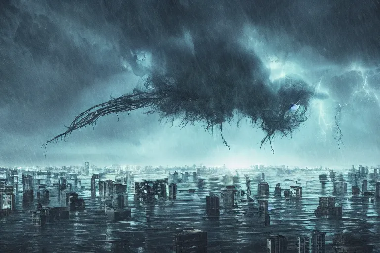 Image similar to monstrous tornado with creeping tendrils looming over a flooded city, flying debris, night, backlit, sprites, hyperdetailed, high contrast, unsplash, artstation