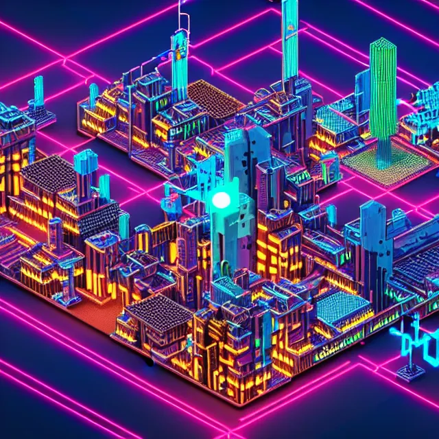 Prompt: voxel art of a cyberpunk blockchain city, chains connecting separate blocks, blockchain, symmetry, intricate, volumetric lighting, beautiful, rich deep colors masterpiece, sharp focus, ultra detailed, in the style of dan mumford and marc simonetti