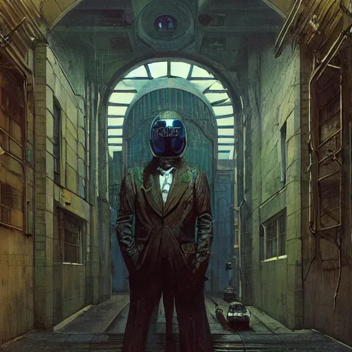 Image similar to portrait of masked cyberpunk scientist on the art deco streets of the Empire city, award-winning realistic sci-fi concept art by Beksinski, Bruegel, Greg Rutkowski, Alphonse Mucha, and Yoshitaka Amano