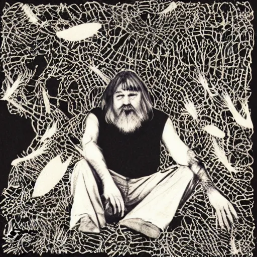 Image similar to robert wyatt sitting amongst big hairy spiders, robert wyatt album art style