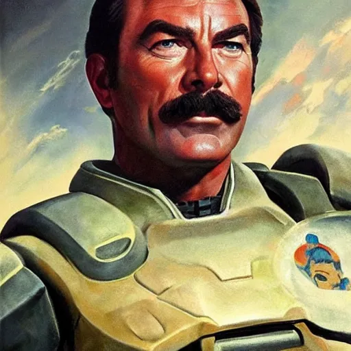 Prompt: ultra realistic portrait painting of tom selleck as master chief, art by frank frazetta, 4 k, ultra realistic, highly detailed, epic lighting