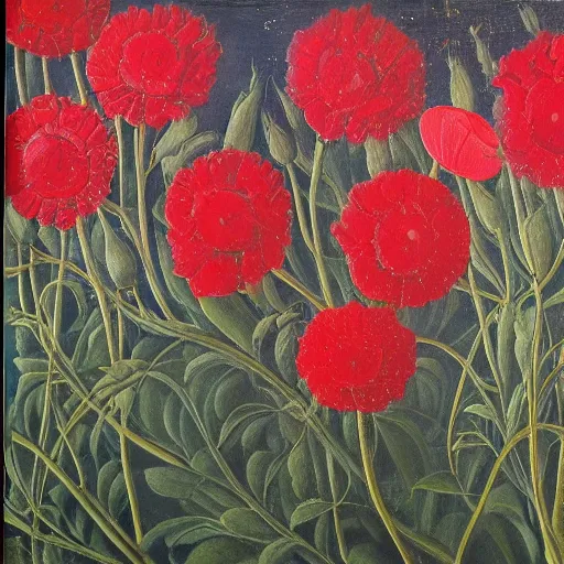 Prompt: painting of many various red flowers on a dark background, painted by Sandro Botticelli, the flowers are floating and are seen from the side, dark atmosphere, realistic flowers oil painting
