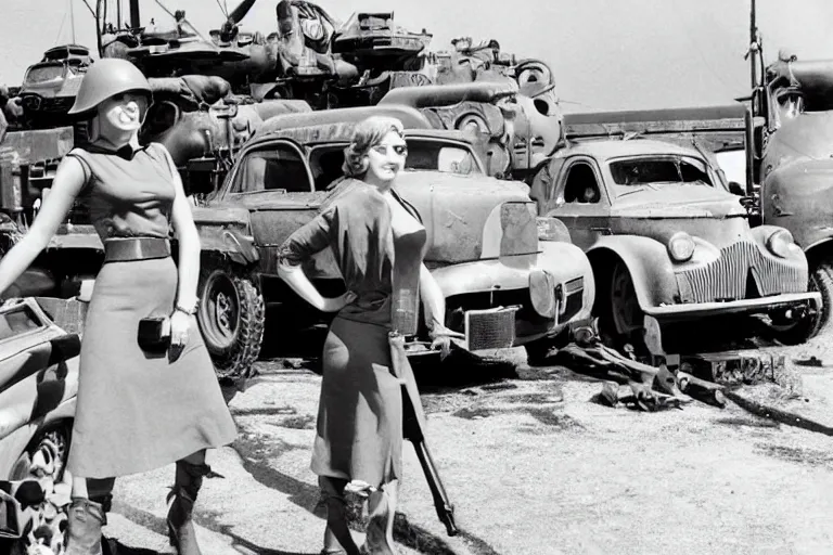 Image similar to mia and tia from the movie cars as war machines. photograph 35mm. ww2 footage. black and white.