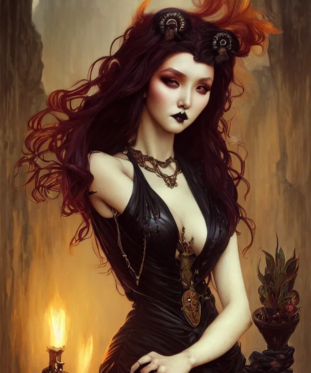 Image similar to hwasa as a gothic female fantasy satyr, portrait, fantasy, intricate, elegant, highly detailed, digital painting, artstation, concept art, smooth, sharp focus, illustration, art by artgerm and greg rutkowski and alphonse mucha